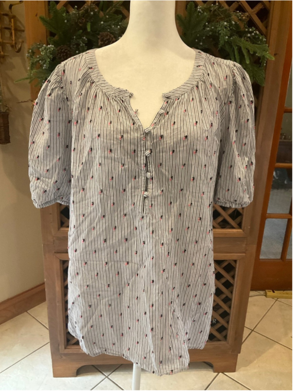 Loft XXL Striped Embroidered Dot Puff Sleeve Blouse Top